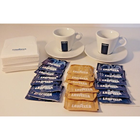 LAVAZZA Espresso Cups and Saucers Lot of 2 with Napkins and Sugar Packets Italy - Picture 8 of 10